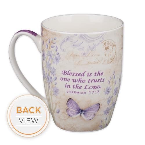 Christian Art Gifts Botanic Purple Butterfly Ceramic Coffee Mug Inspirational Coffee Cup for Women & Men 12 oz. Lead-free Microwave and Dishwasher Safe Coffee Mug with Bible Verse: Blessed - Jer. 17:7