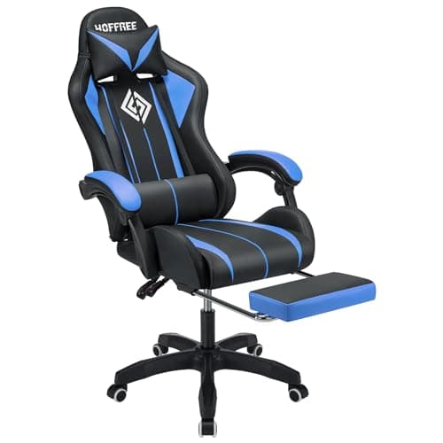 HOFFREE RGB Gaming Chair with Speakers Massage Computer Gaming Chair with LED Lights and Footrest High Back Video Game Chair for Adults Blue and Black