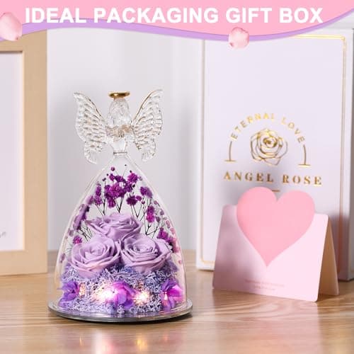 Mothers Day Mom Gifts for Women Preserved Flowers in Glass Angel Forever Flowers Gifts Eternal Roses Gifts for Grandma, Light Purple