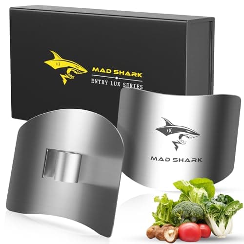 MAD SHARK Chef Finger Guards for Cutting with Gift Box, 2pcs Premium 304 Stainless Steel Finger Protectors for Cutting, Slicing and Chopping Vegetables, Fruits and Meat, Avoid Hurting Kitchen Tools