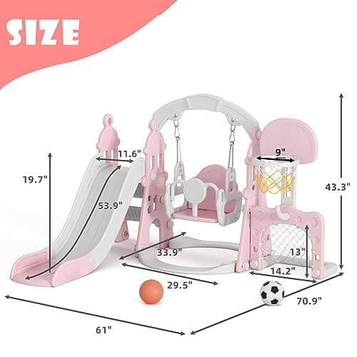 XJD 6-in-1 Toddler Slide and Swing Set, Kids Slide for Toddlers Age 1+, Toddler Outdoor Playset with Basketball Hoop, Football Frame, Swing, Outdoor Indoor Playground for Toddlers 1-3 (Pink)