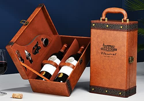 Wine Gift Box with 4 Wine Accessories Set,Portable Two Bottle Wine Carrier Case for Christmas,Wedding, Anniversary, Party,Vintage Leather Wine Storage Box for Home Bar Decor and Wine Collection