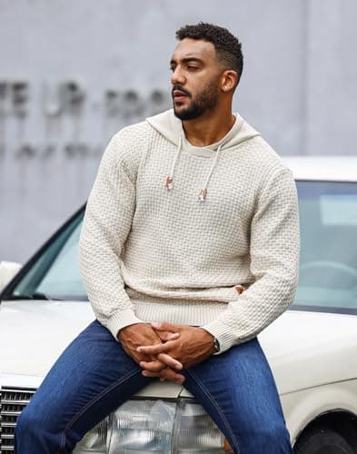 Zaitun Mens Hooded Sweatshirt Long Sleeve Solid Knitted Hoodie Pullover Sweater