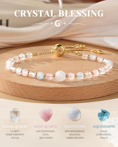 HGDEER Natural Crystal Bracelet 13th 16th Birthday Gifts for Girls - Rose Quartz Moonstone Aquamarine Healing Stones Jewelry with Meaning Card for Daughter Granddaughter