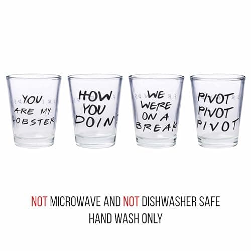 Silver Buffalo Friends Iconic Quotes "You're My Lobster," "How You Doin'" "Pivot," and "We Were On A Break!" 4 Pack Mini Glasses, 1.5 Ounces