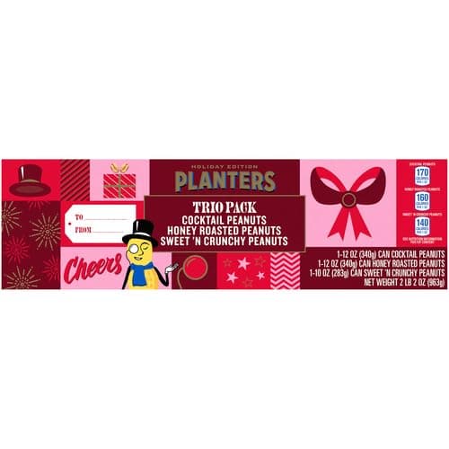PLANTERS Peanuts Holiday Trio Pack - Snacks Variety Pack for Adults with Sweet n Crunchy, Honey Roasted, and Cocktail Peanuts (3 Count Canisters)