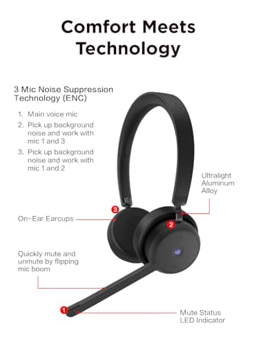 Lenovo Wireless VoIP Headset Teams Certified, Noise-Canceling Mic, Bluetooth 5.3 Multipoint, USB-A Receiver, 31-Hour Talk & 60-Hour Playback, Lightweight Over-Ear Design, Replaceable Earcups