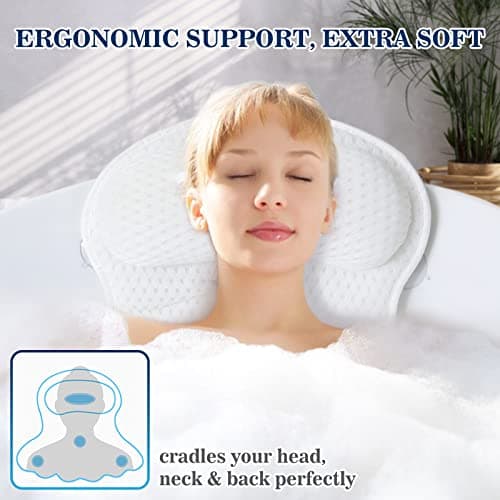 Bath Pillow Bathtub Pillow, Luxury Bath Pillows for Tub Neck and Back Support, Bath Tub Pillow Headrest with Soft 4D Mesh Fabric and Non-Slip Suction Cups, Relaxing Bath Accessories Spa Gifts