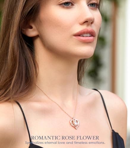 Rose Flower Heart Moissanite Necklaces for Wife, S925 Silver Pendant for Women, 18K Gold Plated Jewelry for Her Girlfriend Mom for Anniversary Birthday
