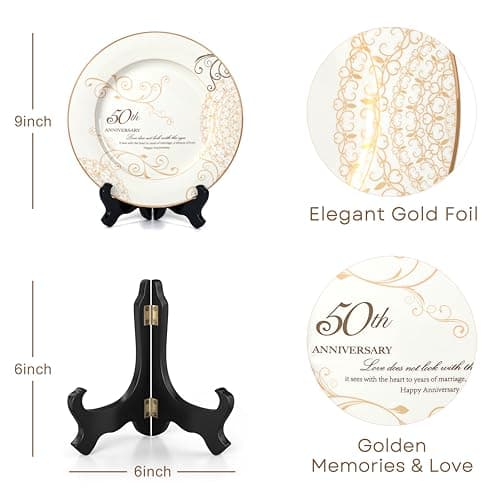 50th Anniversary Wedding Gifts for Couples Parents - 50 Year Marriage Plate with 24k Gold Foil, Golden Keepsake Gift, Ceramic 9 inch