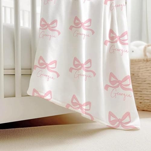 Personalized Baby Blanket with Bow – Custom Name Blanket for Newborn Girl, Soft Coral Fleece Blanket with Custom Bow & Text Color, Keepsake Nursery Blanket
