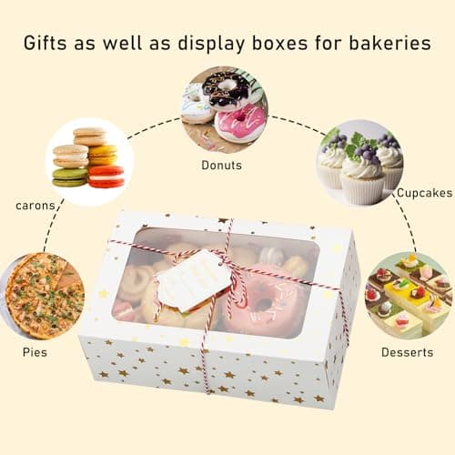 24 Sets Christmas Cookie Boxes with Window Treat and Pastry 9x6x3 Inches Gold Bakery Boxes Container for Gift Giving Christmas Chocolate Covered Strawberries,Donut,Mini Cake Packaging Boxes