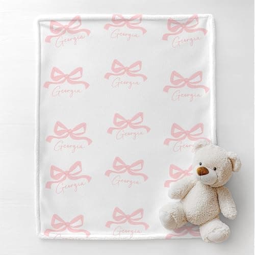 Personalized Baby Blanket with Bow – Custom Name Blanket for Newborn Girl, Soft Coral Fleece Blanket with Custom Bow & Text Color, Keepsake Nursery Blanket