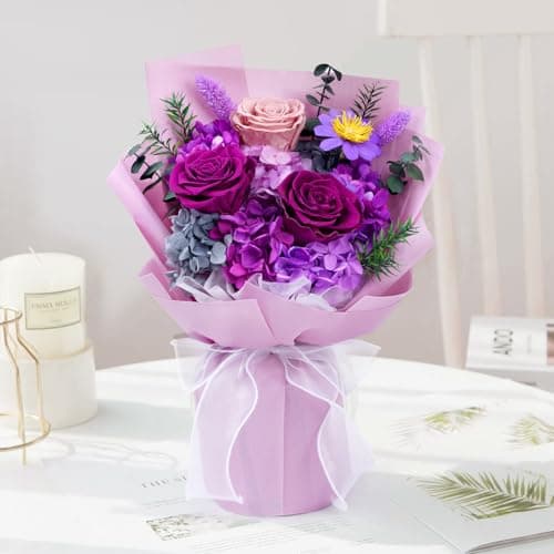 Waipfaru Preserved Flowers, Purple Fresh Bouquet with Gift Box, Flowers for Delivery, That Last 1-3 Years, Forever Flowers for Women Birthday Gift, Anniversary, Teacher, Mother Day