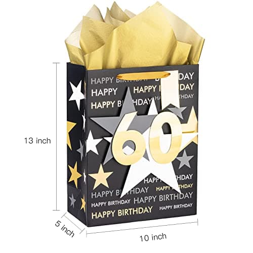 Loveinside Birthday Gift Bag with Tissue Paper and Greeting Card for 60 Birthday - 10" x 5" x 13", 1 Pcs, Black Gold
