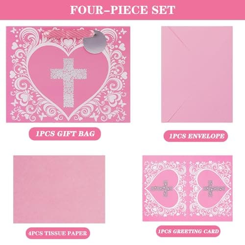 JWSCYSY 12.6" Large Pink Gift Bag with Metallic Silver Floral Cross Design, Card and Tissue Paper for Baby Girl Baptisms, Christenings, First Communions Religious