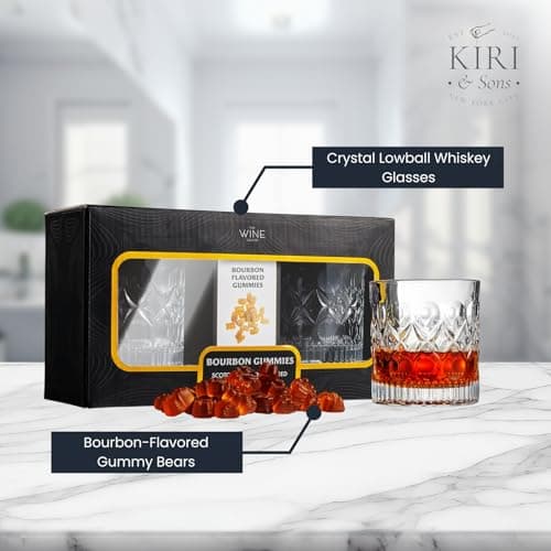 Bourbon Gummy Gift Set with 2 Whiskey Glasses – Bourbon-Flavored Candy Bears & Crystal Lowball Glasses – Father’s Day Gift for Whiskey & Scotch Lovers, Dad, Husband, or Him – Tasting Set