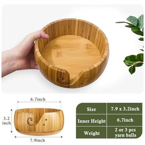 Wooden Yarn Bowl Holder, Craft Knitting Bowl with 8pcs Metal Crochet Hooks, 7.9''Large Yarn Holder Dispenser Yarn Storage Bowls, for Knitters & Crocheters (Bamboo 7.9 inch)
