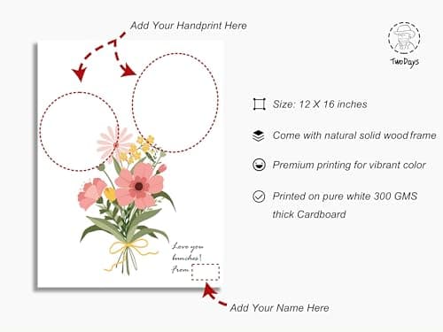TwoDays Flower Bouquet Handprint Art Craft DIY Kit, Unique Gifts for Mom from Daughter or Son for Mother's Day Birthday Christmas, Gift for Grandma.(12" X 16", with Wood Frame)