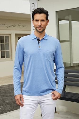 Qekoma Men's Casual Polo Shirts Classic Button Basic Long Sleeve Shirt Solid Color Cotton Tees Stylish Tops