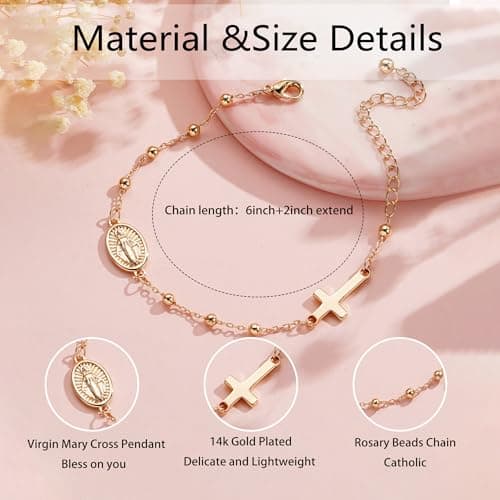 Catholic Virgin Mary Cross Bracelet Gifts for Girls Teens Women, Rosary Beads Charm Link Chain Bracelet Christmas Christian Religious Jewelry Gifts