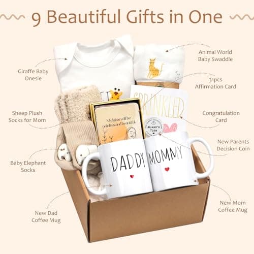 New Mom Gifts for Women, 9pcs Pregnancy Gifts for Expecting Mom, Cute Baby Gifts New Parents Gifts for Couples w/Mom and Dad Mugs for Gender Reveal Baby Shower First Time Mom to be Gifts(Khaki)