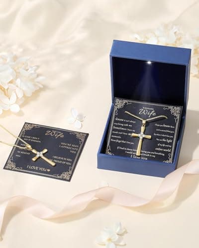 Gold Moissanite Cross Necklace for Women Wife in Light-Up Gift Box,Love Card - Women Anniversary Birthday Gifts Ideas for Wife Her Girlfriend, Christian Cross Chain Jewelry(18K Real Gold Filled)