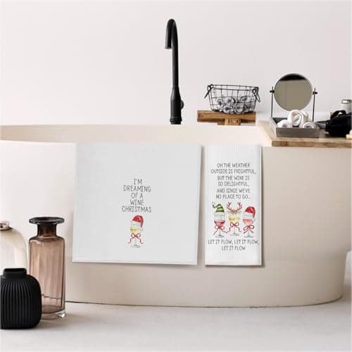Funny Christmas Wine Kitchen Towels, Gifts for Wine Lovers Dish Tea Towels for Kitchen Bar Cart Decor, Winter Holiday Xmas Wines Decorative Hand Towel, 16x24 Inch Set of 2