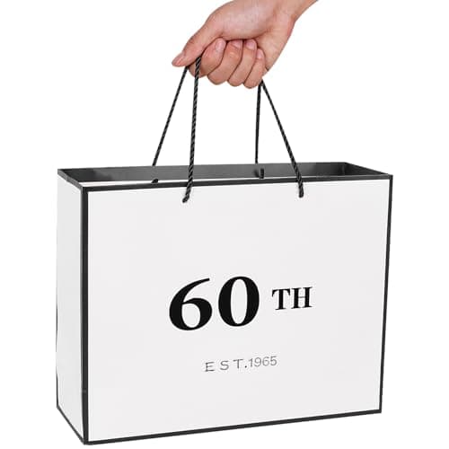Jaywayang 60th Birthday White and Black Large Gift Bag with Card and Tissue Paper, Metallic Printing Keepsake Gift Vintage Bag for Men Women, 1965 Mom Dad 60 Year Old Party Paper Bag for Gifts Wrapping, Anniversary.