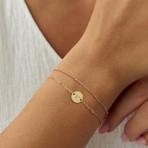 MONOZO Gold Bracelets for Women Christmas Gifts - Dainty 18K Gold Plated Disc Monogram Letter A-Z Initial Bracelets for Women Trendy Personalized Letter Bracelet Birthday Christmas Gifts for Her