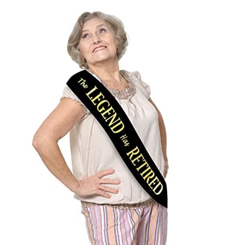 The Legend Has Retired Sash – Elegant Black and Gold Foil Legendary Sash for Both Women and Men & a Large Gold Safety Pin. Perfect for Retirement Parties