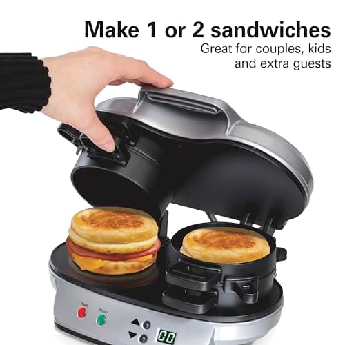 Hamilton Beach Dual Breakfast Sandwich Maker with Timer, Ready in 5 Minutes, Removable Dishwasher Safe PFAS-Free Non-Stick Egg Cooker Ring, Silver (25490MNA)