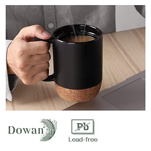 DOWAN Coffee Mugs, 15 oz Mug Set of 2, Large Ceramic Coffee Mug with Cork Bottom and Spill Proof Lid for Mom Dad, Big Mug for Latte Tea, Matte Grey