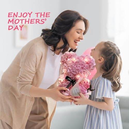 Romantic Valentines Day Gift for Her Rose Artificial Flower Rose Teddy Bear for Wife, Girlfriend Mother Daugther Women. Blind Box for Christmas Birthday Wedding Anniversary (Pink Bear)