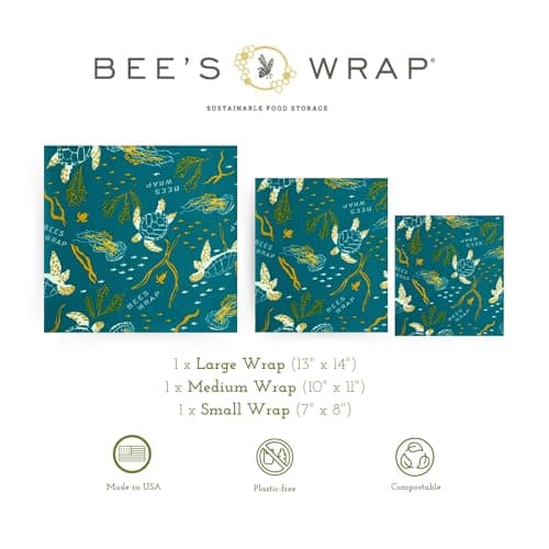 Bee's Wrap Beeswax Wraps for Food - Made in USA Reusable & Organic Food Wraps, Sandwich Wrap & Bowl Covers - Eco-Friendly Alternative to Aluminum Foil & Plastic Wrap, Ocean 3 Pack (S, M, L)