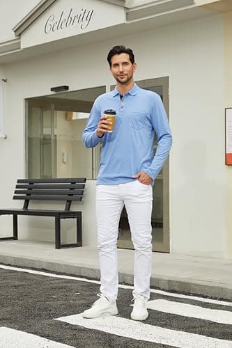 Qekoma Men's Casual Polo Shirts Classic Button Basic Long Sleeve Shirt Solid Color Cotton Tees Stylish Tops