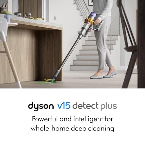 Dyson V15 Detect Plus Cordless Vacuum, Illumination Reveals dust, 240AW, 3 Power Modes, Up to 60 Minutes,² Deep Cleans Hard Floors and Carpets, Detangles pet Hair, Converts to Handheld