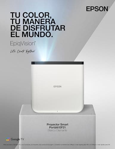 Epson EpiqVision Mini EF21 Portable Smart Laser Projector, Bright 1,000 Lumens, FHD 1080p HDR, 3-Chip 3LCD, Google TV, Netflix, Stereo Speakers, Family Party/Outdoor Backyard/Home Theater - White