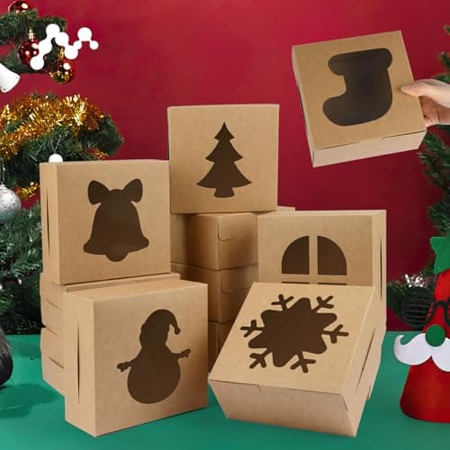 12 PCS Christmas Cookie Boxes, 6×6×3 Inches Treat Boxes Tin, Small Pastry Boxes with Window, for Gift Giving Packaging Dessert Bakery Cupcake Baked Goods (Brown)