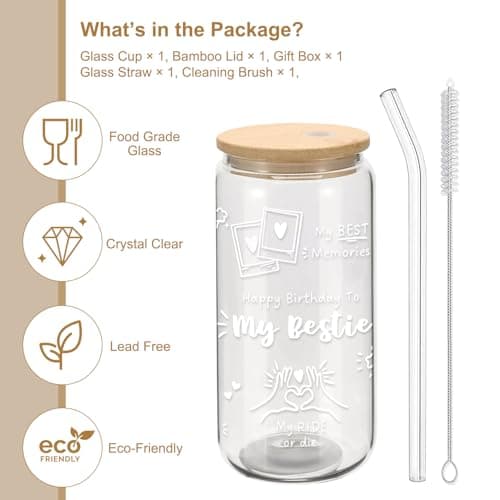 Best Friend Birthday Gifts for Women Friendship - Happy Birthday to My Bestie Glass Cups with Lids and Straws, Funny Presents for Bff Friends Coworkers Unique, Cute Iced Coffee Cup, 16 oz