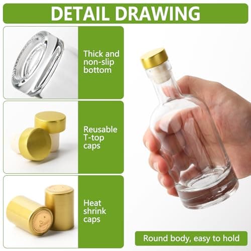 Glass Liquor Bottles with T-Top Caps and Heat Shrink Capsules, Empty Mini Vodka Bottles, Travel Shots Bottle for Wine, Alcohol, Whiskey, Beverages (3 oz 12 Pack)