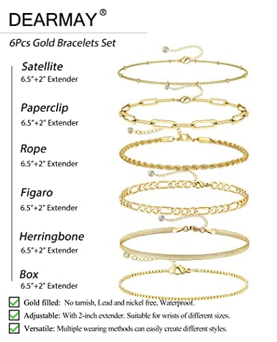 DEARMAY Gold Bracelets for Women Waterproof, 14K Real Gold Jewelry Sets Trendy Thin Dainty Stackable Cuban Link Paperclip Chain Bracelet Pack Fashion Accessories Gifts for Womens