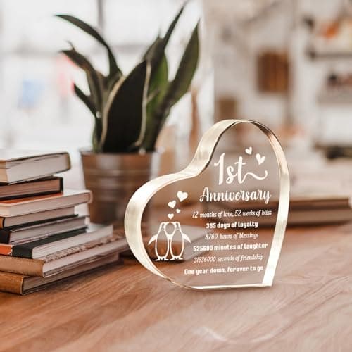 1 Year Anniversary Wedding Gifts for Boyfriend Girlfriend, One Year 1st Anniversary Romantic Gifts for Him Her, Heart Shaped Acrylic Block for Couple Husband Wife, Penguin Keepsake