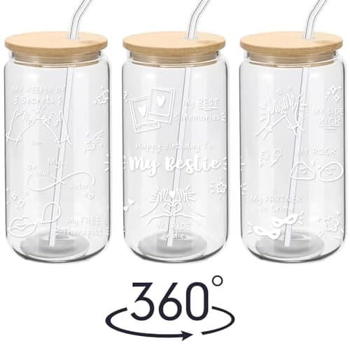 Best Friend Birthday Gifts for Women Friendship - Happy Birthday to My Bestie Glass Cups with Lids and Straws, Funny Presents for Bff Friends Coworkers Unique, Cute Iced Coffee Cup, 16 oz