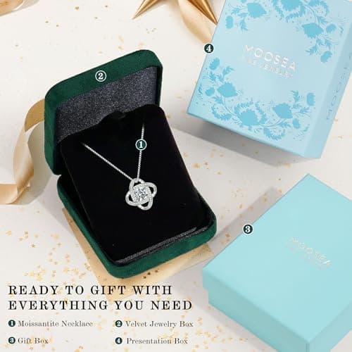 MOOSEA Love Knot Moissanite Necklace for Women, 1-3 ct D Color VVS1 Clarity Moissanite Pendant Necklace 925 Sterling Silver, Anniversary Birthday Gifts for Women Wife Mom Girlfriend Jewelry Gifts
