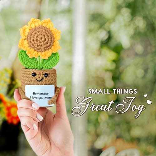 Mini Sunflower Mom Gifts from Daughter Son Kid, Handmade Crochet Mothers Day Christmas Birthday Gift with Card, Remember I Love You Mom, Positive Emotional Present, Cute Small Stuff Things
