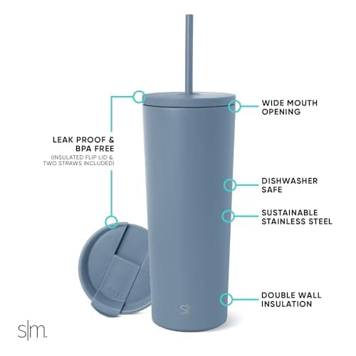 Simple Modern Insulated Tumbler with Lid and Straw | Iced Coffee Cup Reusable Stainless Steel Water Bottle Travel Mug | Gifts for Women Men Her Him | Classic Collection | 24oz | Blue Dune