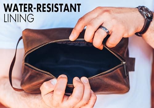 Mens Waterproof Toiletry Bag – Crafted in USA – Ideal Gift for Husband, Dad, Groomsmen, Boyfriend & Friend – Genuine Leather Toiletry Bag Customized Name or Initials – Personalized Travel Bag for Men