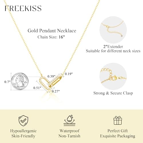 Freekiss Gold Pendant Necklace for Women, Dainty Diamond Necklaces for Women Simple 14K Gold Plated Paperclip Choker Necklaces Cute Minimalist Open Oval Necklaces Gold Jewelry for Women Gifts