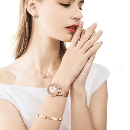 Watches Sets for Women, Rose Gold Watch Set Necklace Earring Bracelet 4 Pieces Jewelry Set for Mom Wife Girlfriend